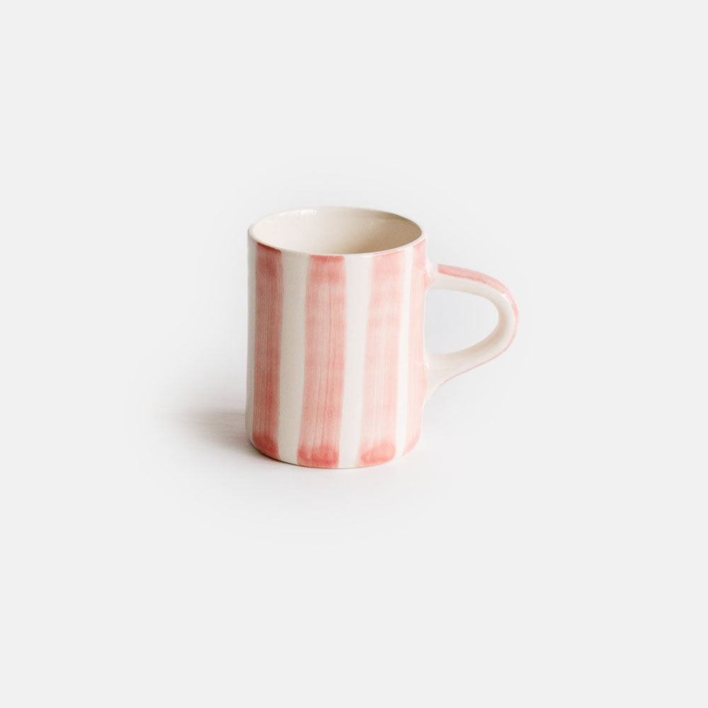 rose pink candy striped ceramic espresso mug, hand made in Portugal by Musango