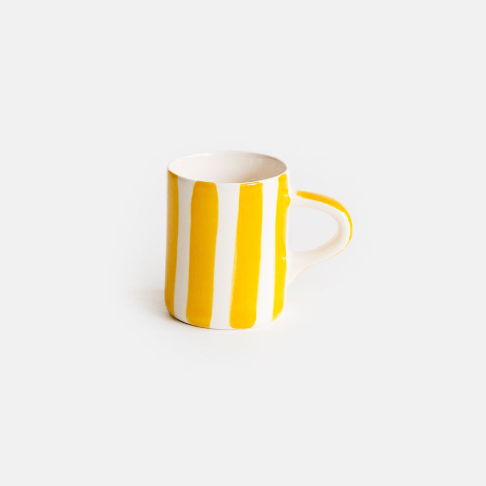 turmeric yellow candy striped ceramic espresso mug, hand made in Portugal by Musango