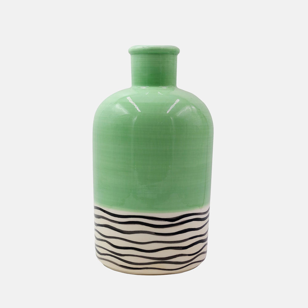 hand painted large green vase with black wave stripes, made by Que Rico