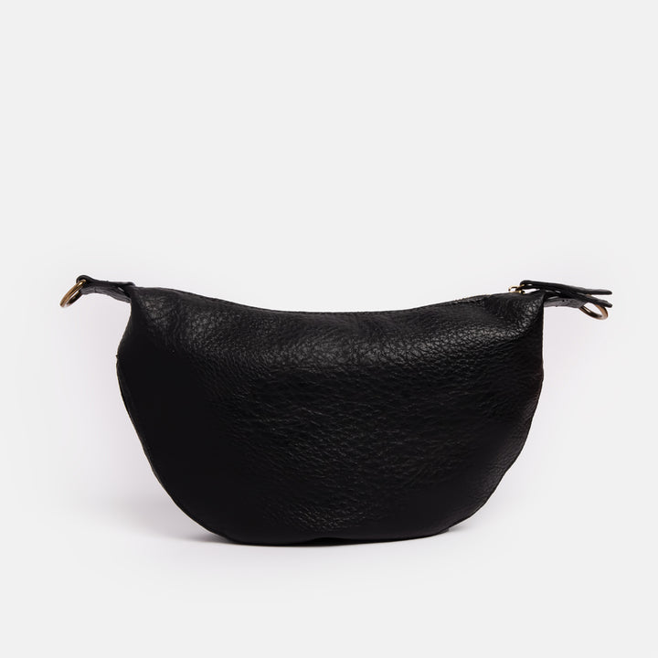 Black Vegan Leather Half Moon Crossbody Bag with contrast woven strap