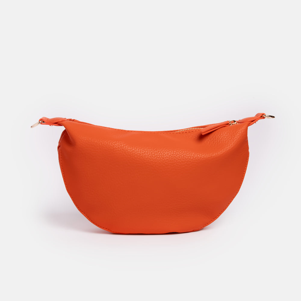 orange half moon vegan leather crossbody bag with contrast woven strap