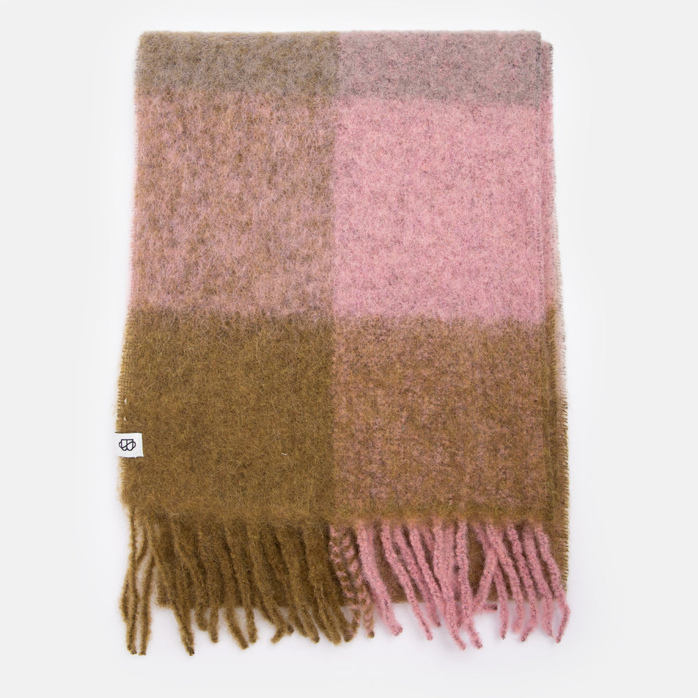 pink & moss green check wool mix scarf