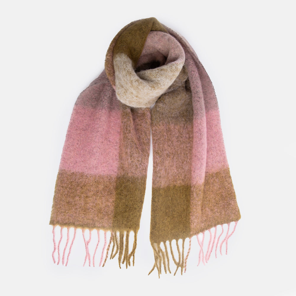 pink & moss green check wool mix scarf