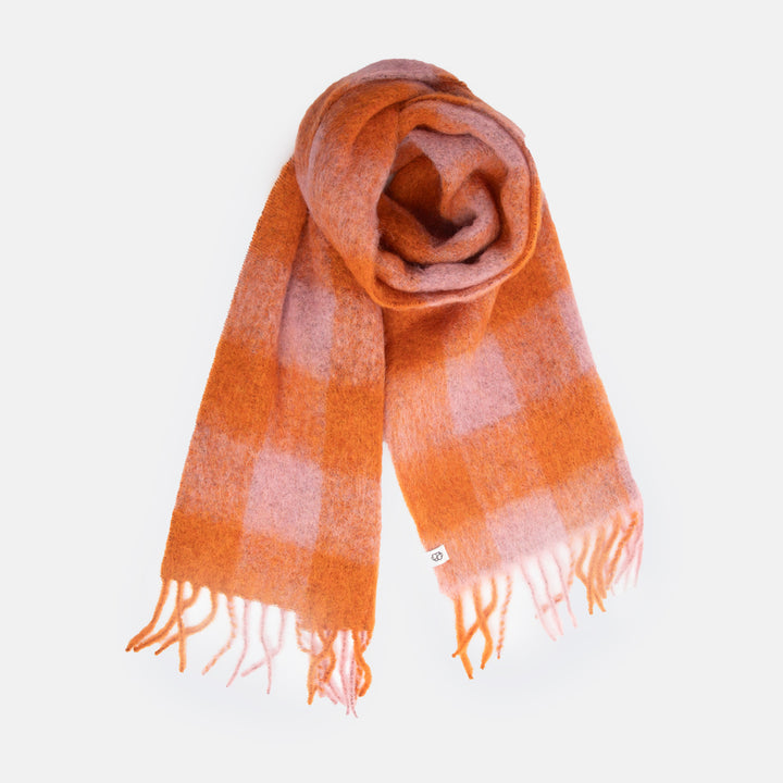 orange/pink check wool mix scarf