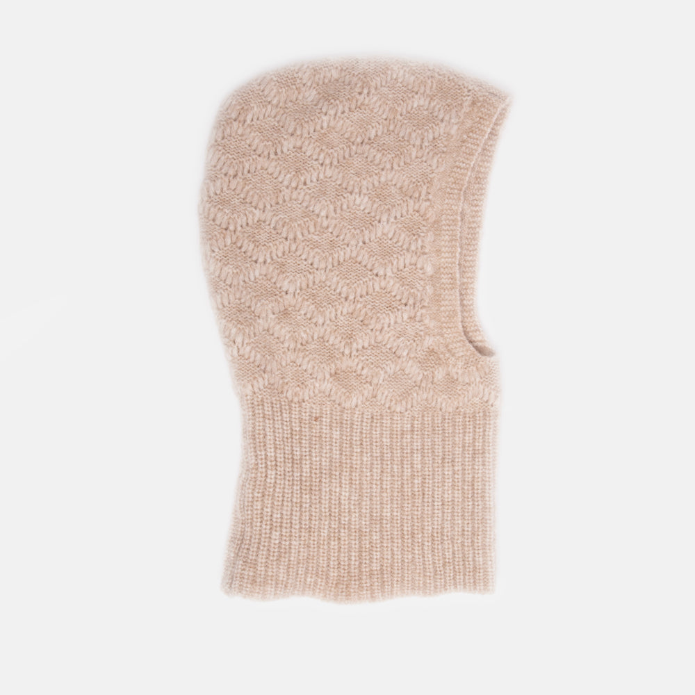 beige wool mix cable knit balaclava hood