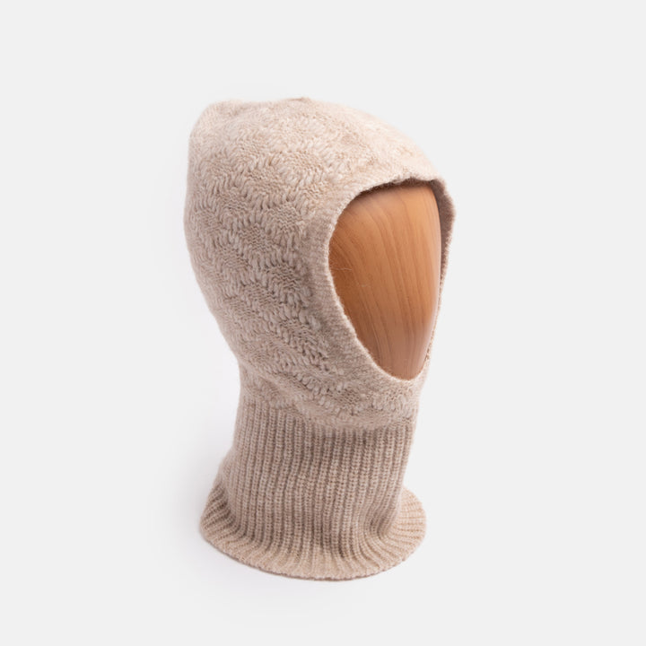 beige wool mix cable knit balaclava hood