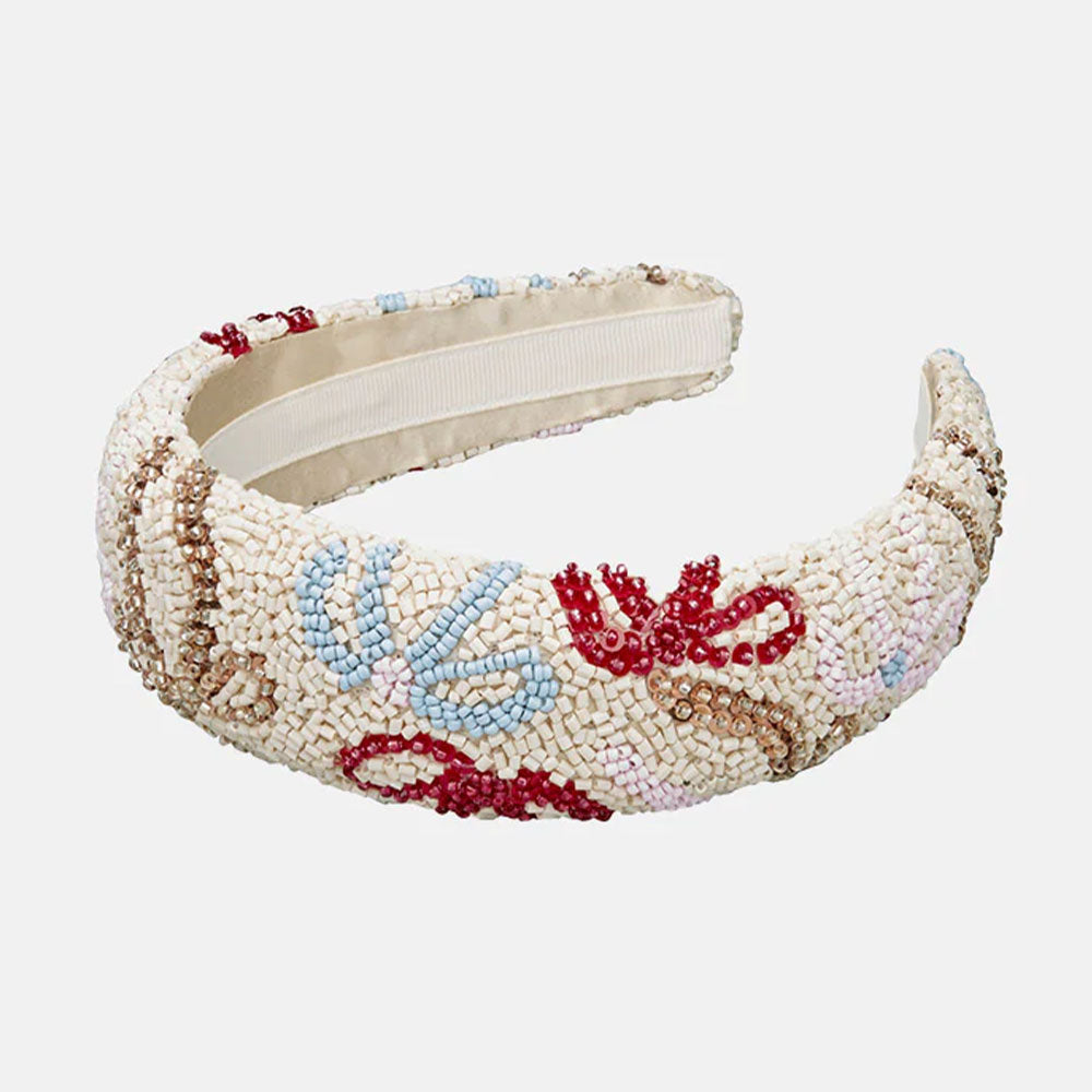 handmade glass beaded cream wide headband with colourful bow design