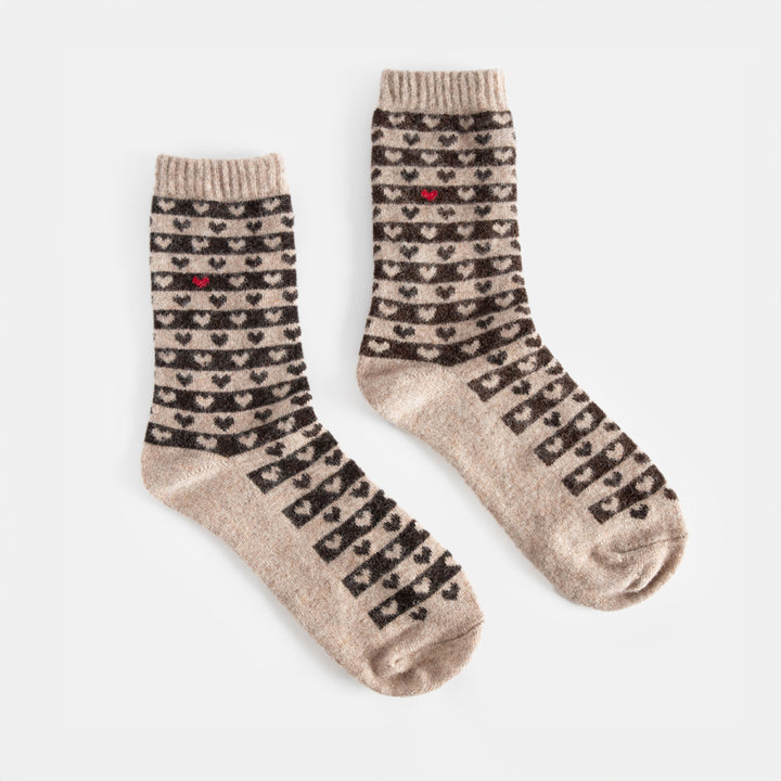 Beige/Black Heart Socks O/S