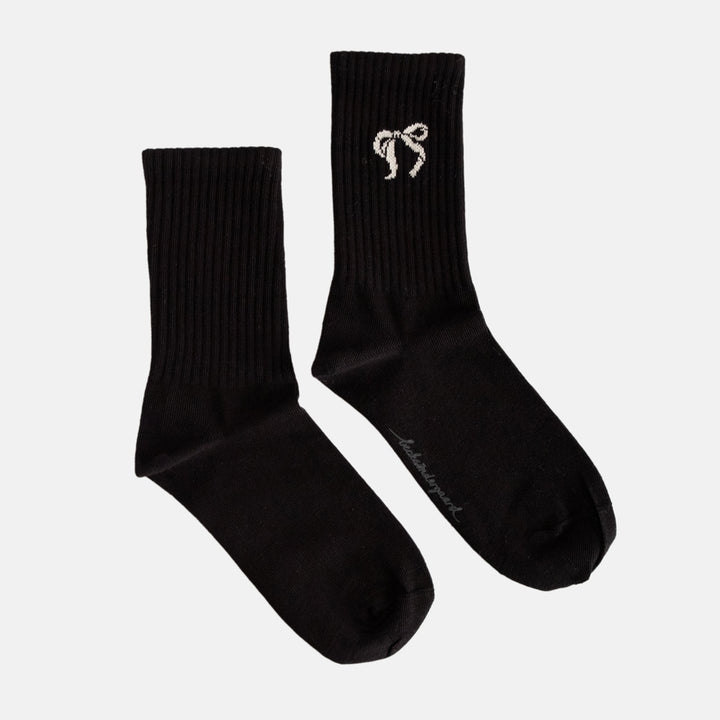 cotton blend black socks with cream bow design