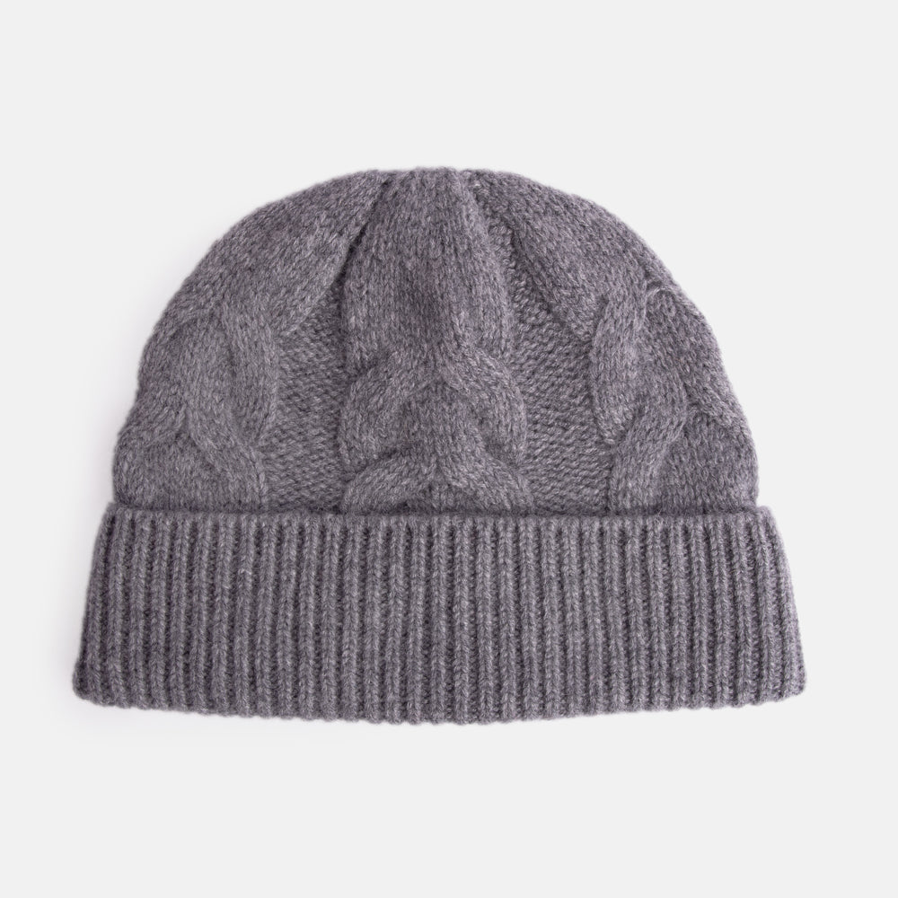 grey pure cashmere cable knit beanie hat