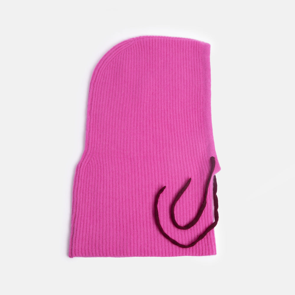 bright pink pure cashmere balaclava hood with burgundy drawstring