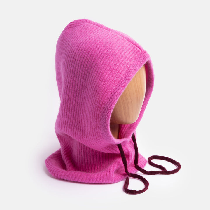 bright pink pure cashmere balaclava hood with burgundy drawstring