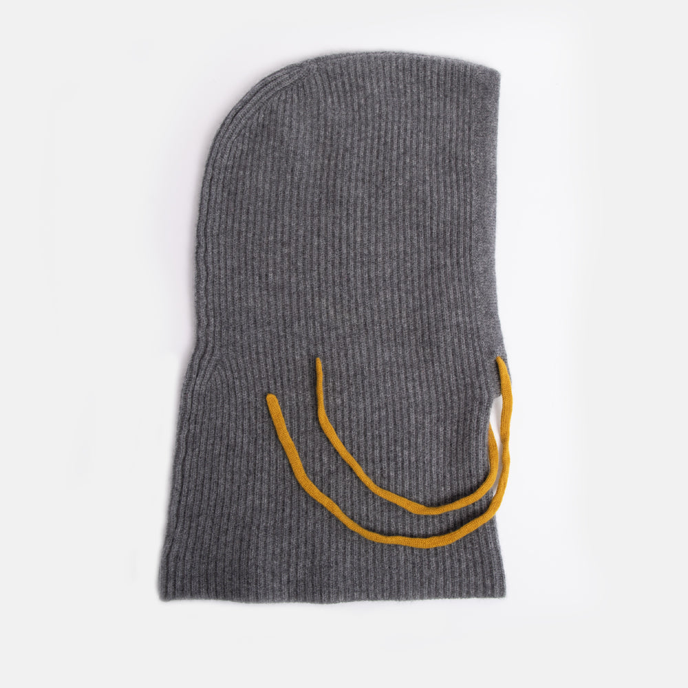 grey pure cashmere wool balaclava hood with yellow drawstrings