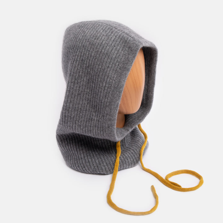 grey pure cashmere wool balaclava hood with yellow drawstrings