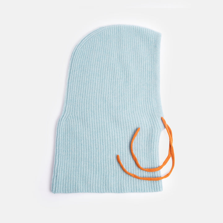 light blue pure cashmere wool balaclava hood with orange drawstrings