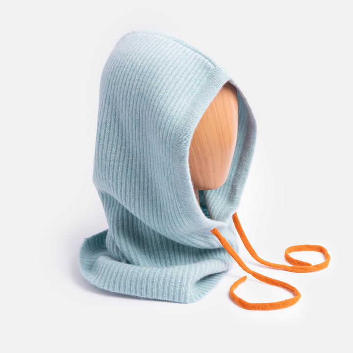 light blue pure cashmere wool balaclava hood with orange drawstrings