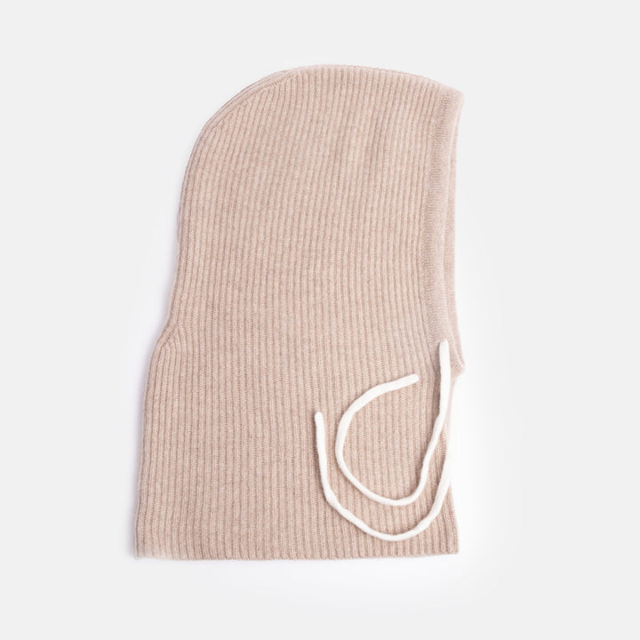 taupe pure cashmere wool balaclava hood with cream drawstrings