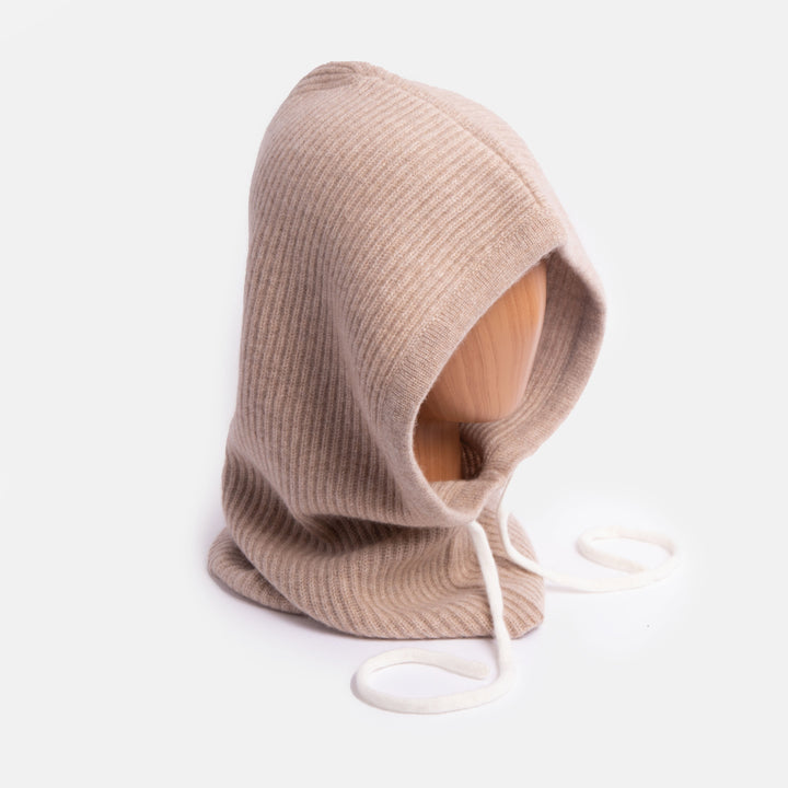 taupe pure cashmere wool balaclava hood with cream drawstrings