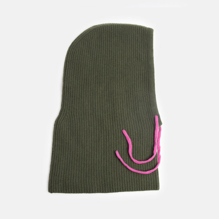 khaki green pure cashmere wool balaclava hood with bright pink drawstrings