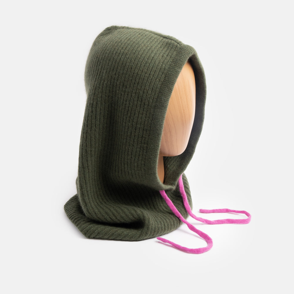 khaki green pure cashmere wool balaclava hood with bright pink drawstrings