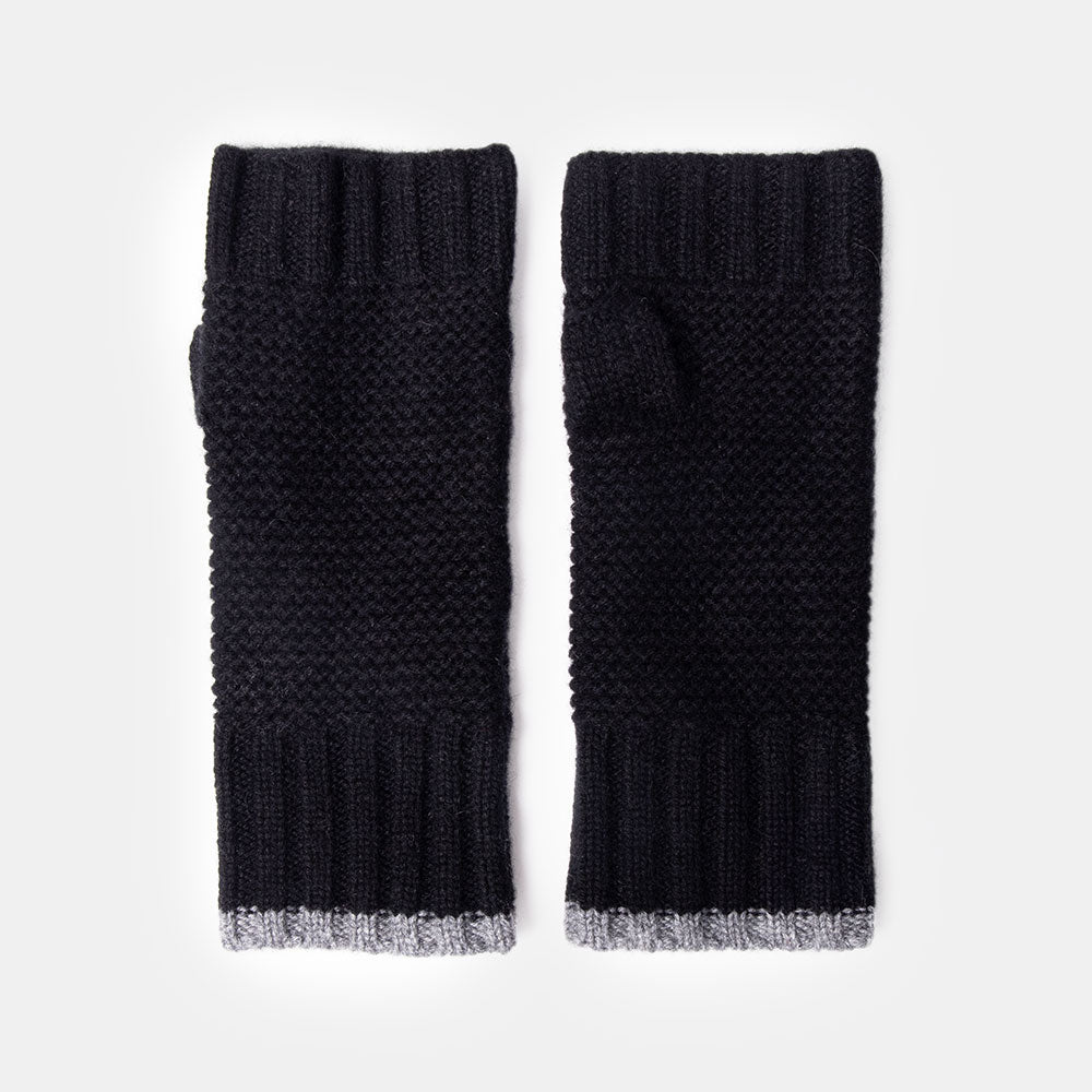 black pure cashmere link knit wrist warmer fingerless gloves with grey trim