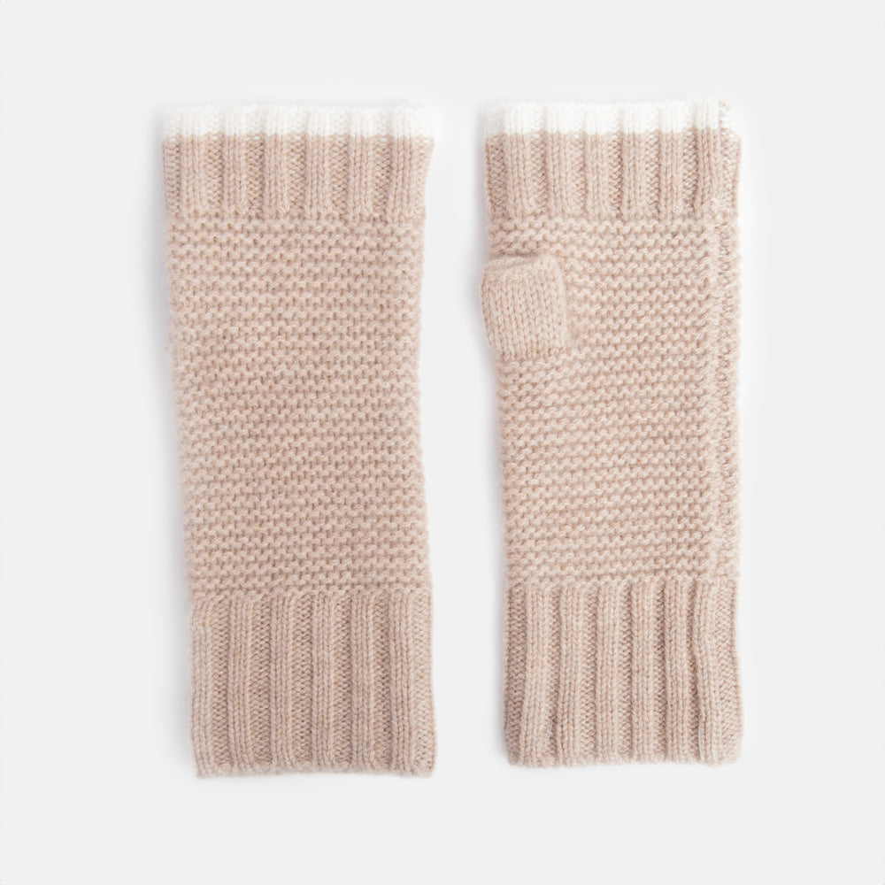 taupe pure cashmere link knit wrist warmer fingerless gloves with cream trim