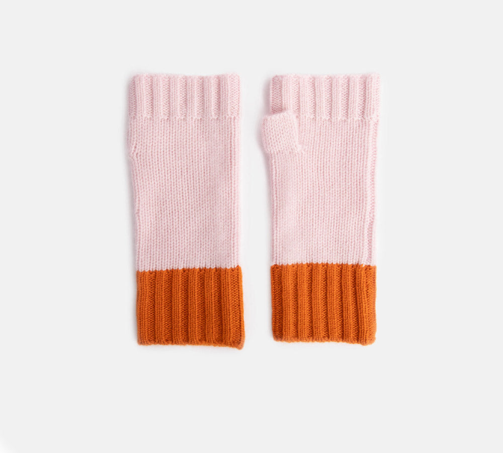 pink cashmere wrist warmer gloves with orange trim wrists