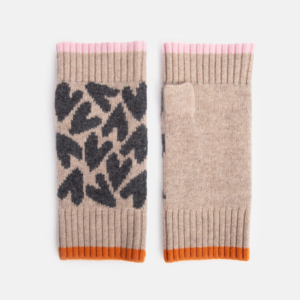 taupe pure cashmere wrist warmer fingerless gloves with dark grey hearts print and orange & pink contrast trims