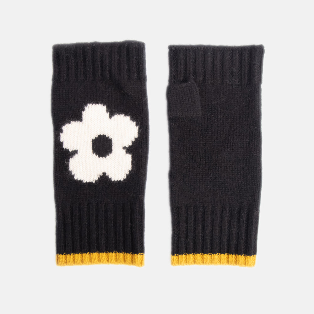 black pure cashmere wrist warmer fingerless gloves with cream flower design and yellow contrast trim at the wrist