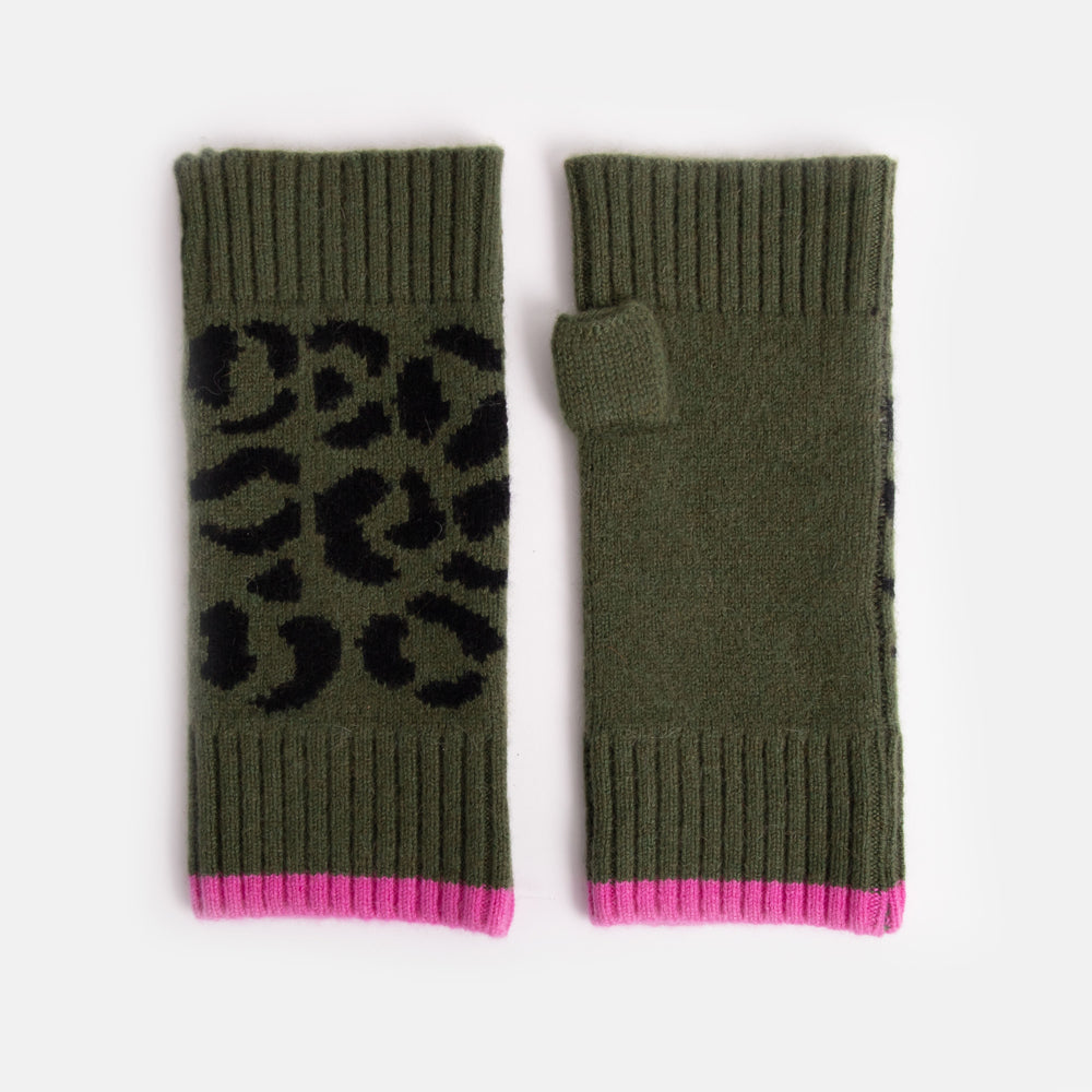 khaki green pure cashmere wrist warmer fingerless gloves with black leopard print design and bright pink contrast trim at the wrist