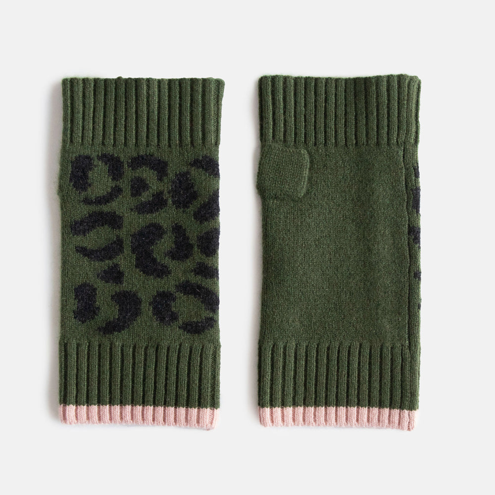 cashmere wrist warmers in khaki green with black leopard print and light pink trim at the wrist