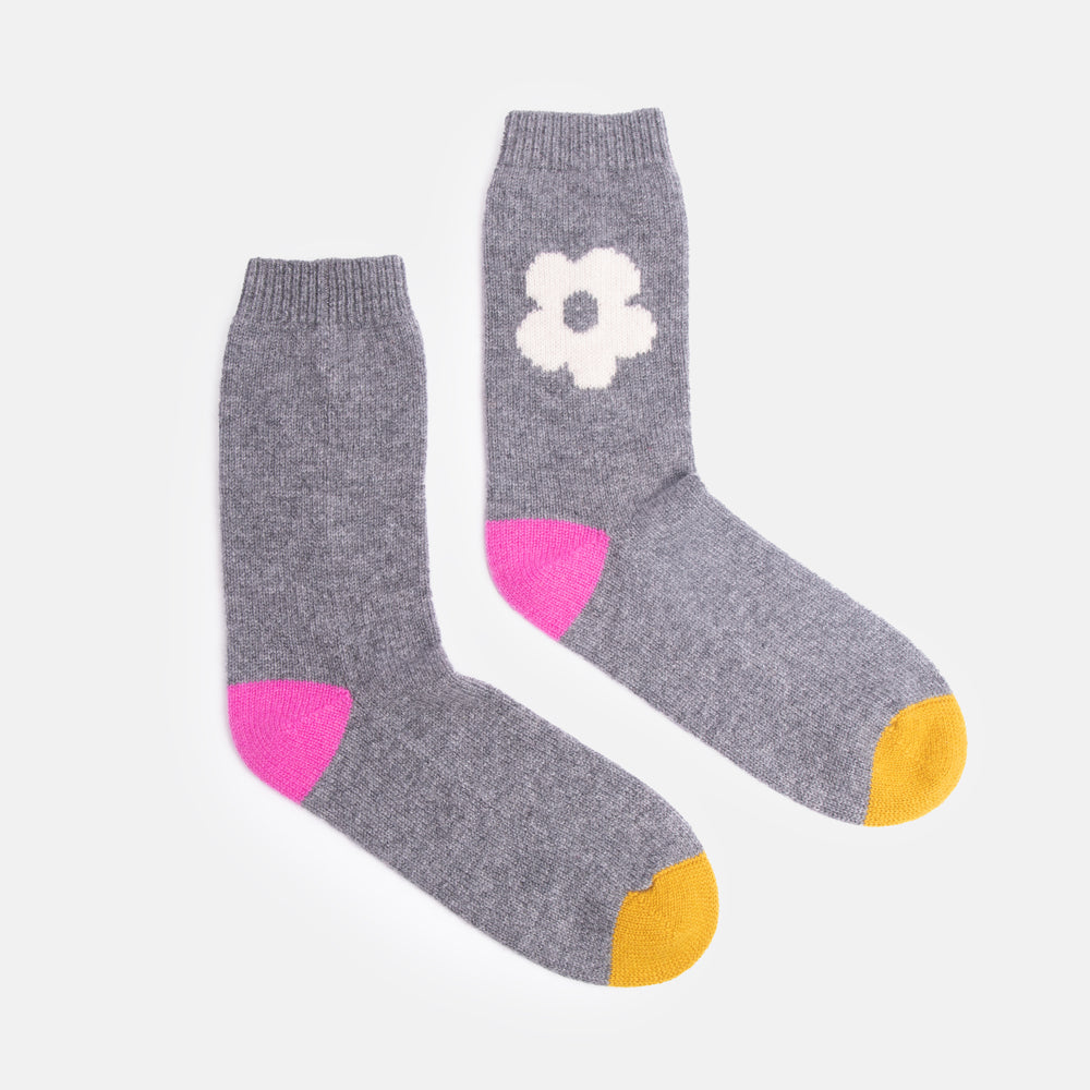 grey pure cashmere women's bed socks with cream flower design and contrast pink & yellow heel & toe