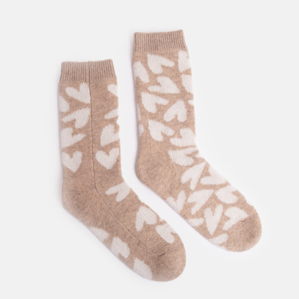 taupe pure cashmere women's bed socks with cream colour heart print design