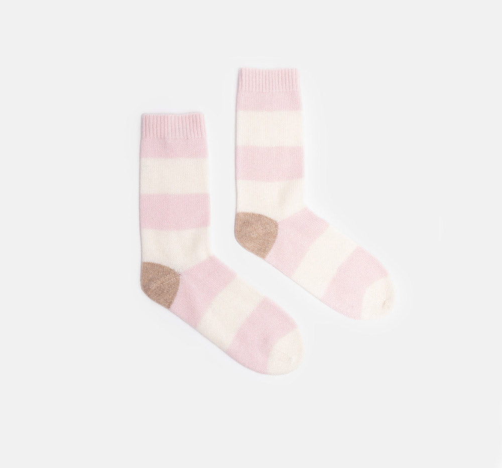 light pink and cream stripe cashmere bed socks with taupe contrast heal