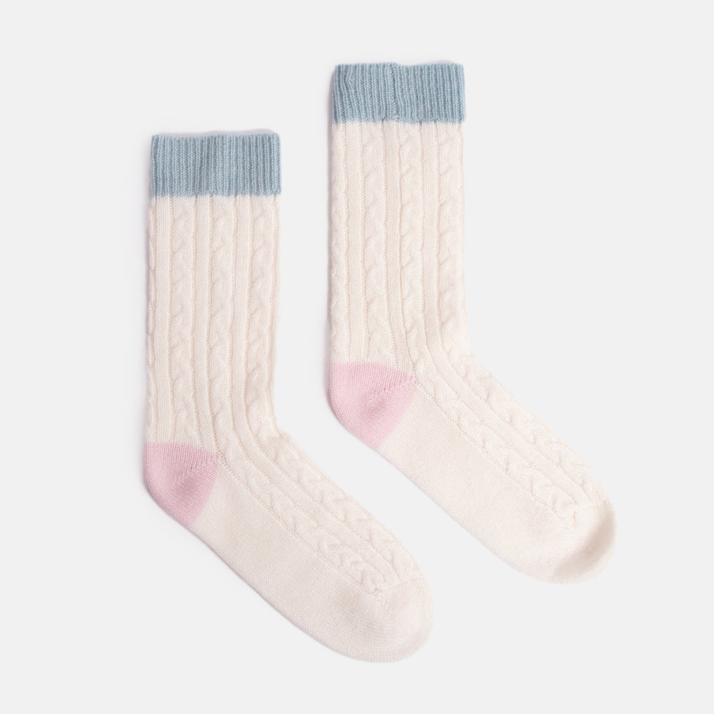 cream cable knit pure cashmere bed socks with pale pink contrast heel and light blue ribbed trim