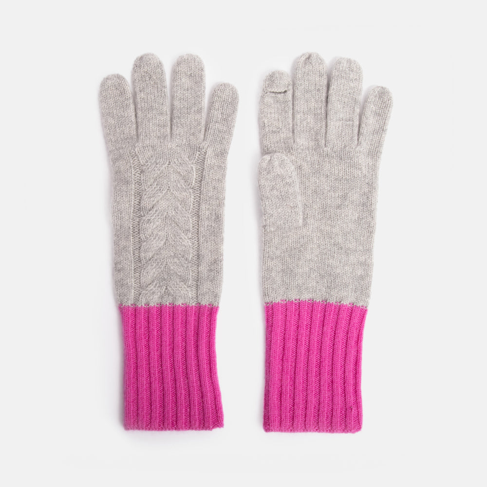 light grey & bright pink pure cashmere cable knit gloves 