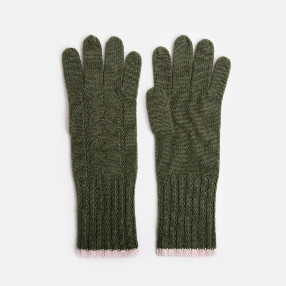 khaki green pure cashmere cable knit gloves with pale pink trim at wrist