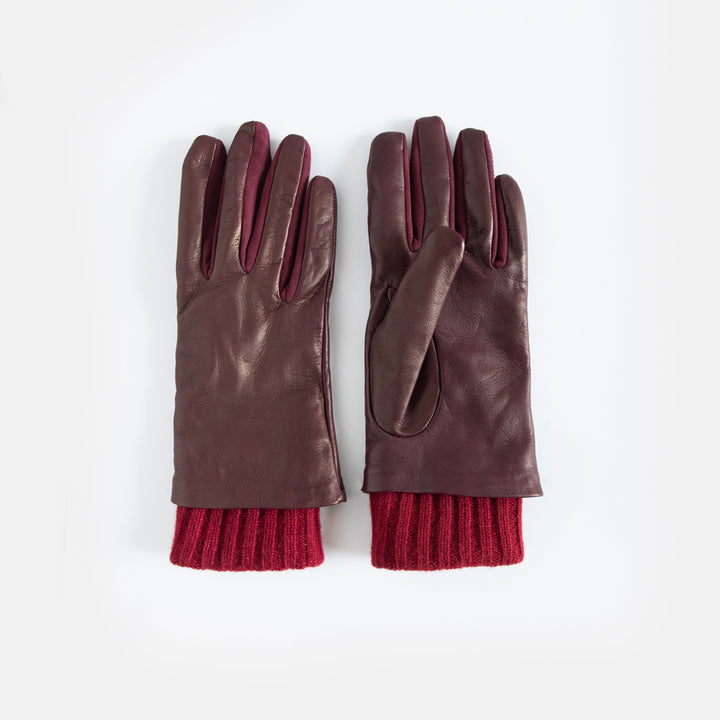 Burgundy leather gloves with knit rib cuff