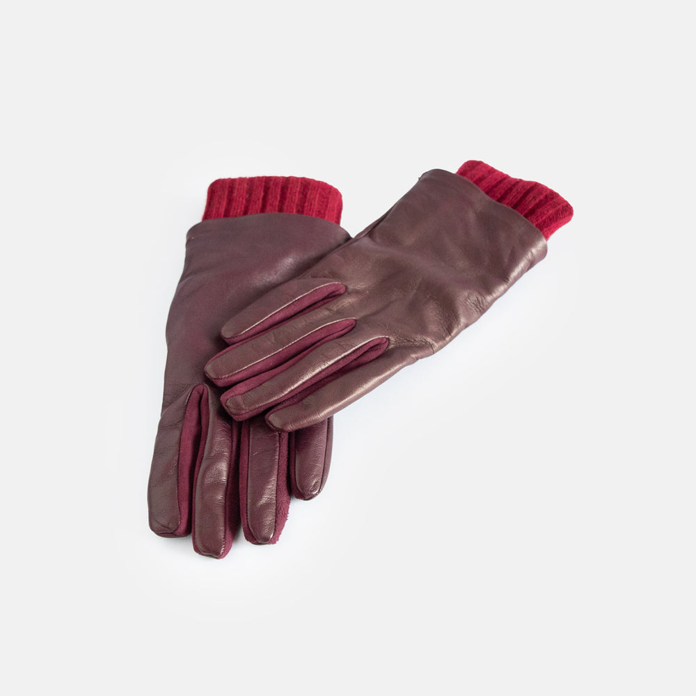 Burgundy leather gloves with knit rib cuff