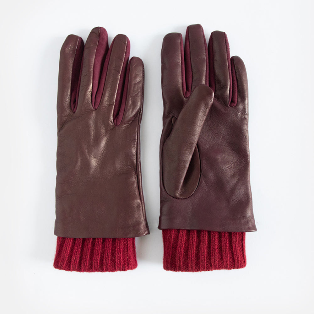 Burgundy leather gloves with knit rib cuff