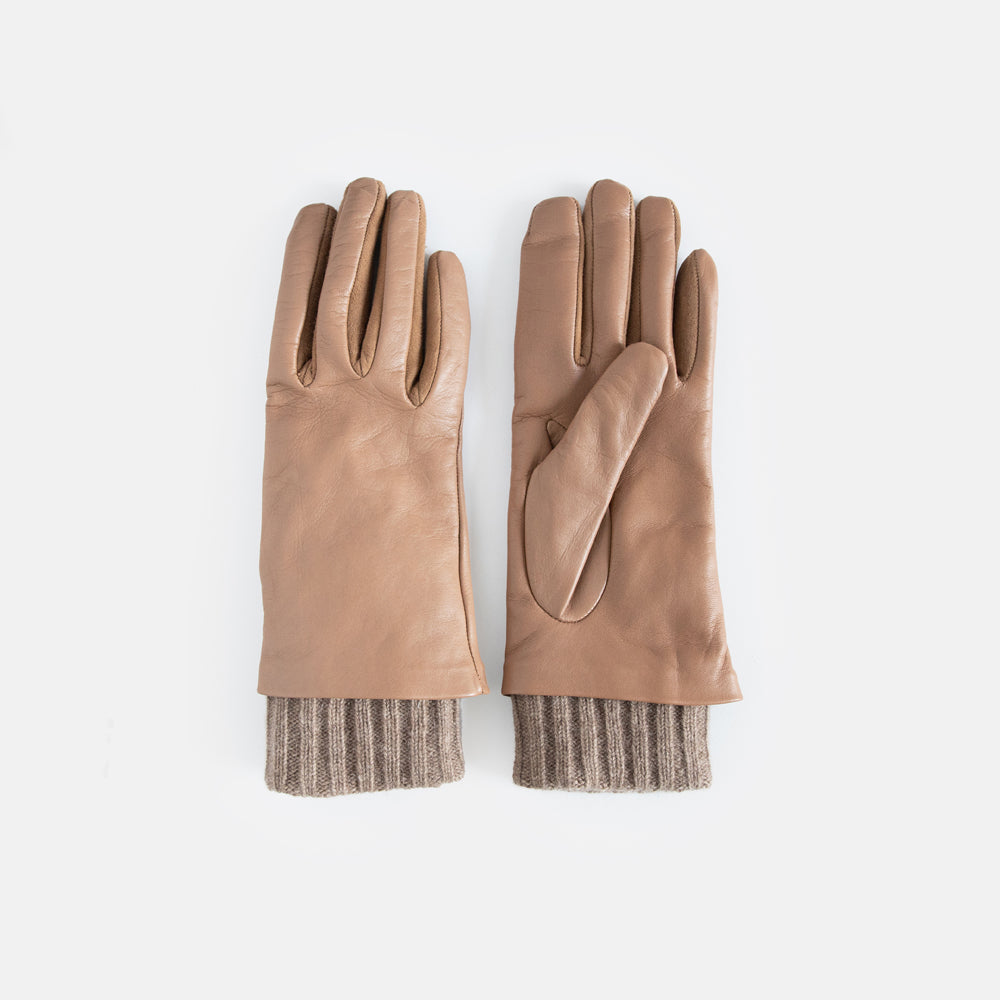 Taupe leather gloves with knit rib cuff