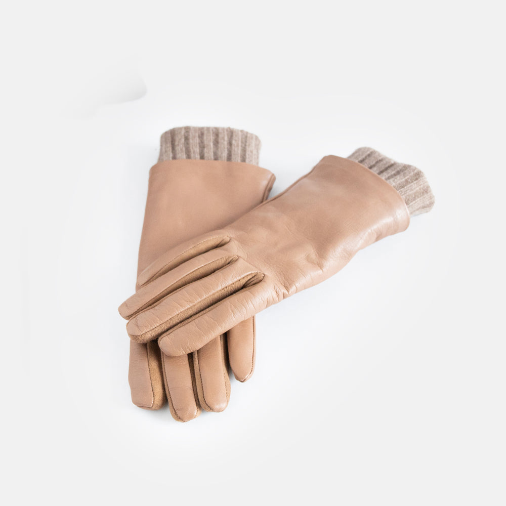 Taupe leather gloves with knit rib cuff