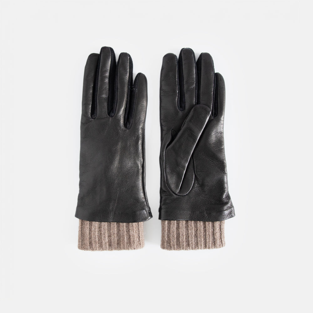 Black leather gloves with tan knit rib cuff