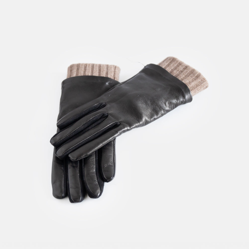 Black leather gloves with tan knit rib cuff