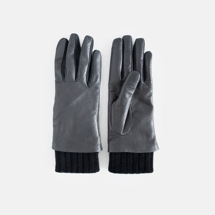 Dark grey leather gloves with black knit rib cuff