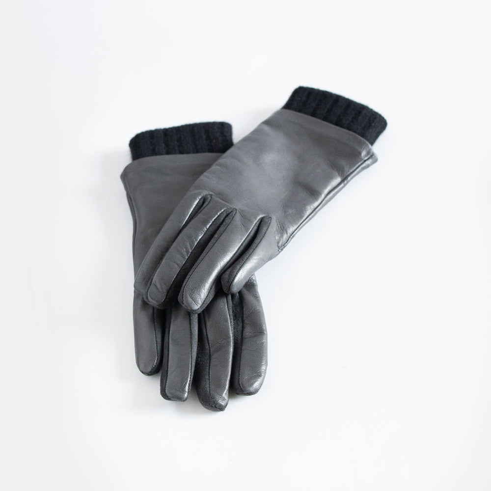 Dark grey leather gloves with black knit rib cuff