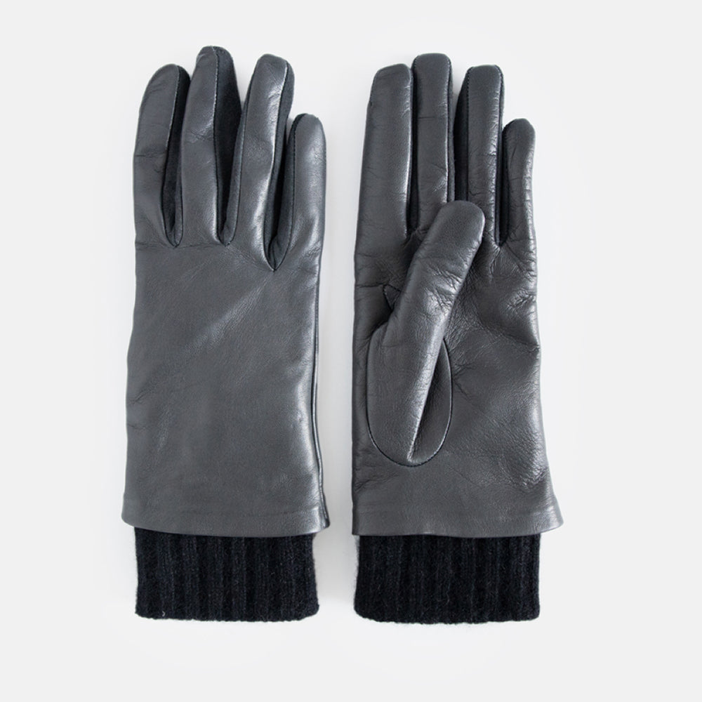 Dark grey leather gloves with black knit rib cuff