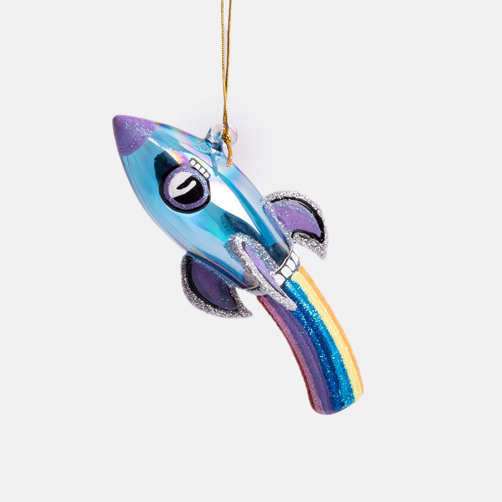 glass & glitter rainbow rocket hanging christmas tree decoration 