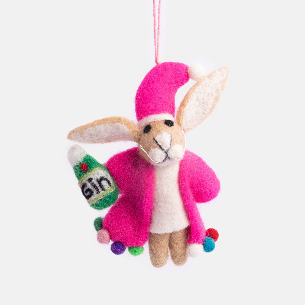 wool felt rabbit in neon pink coat & hat holding a bottle of gin hanging Christmas tree decoration