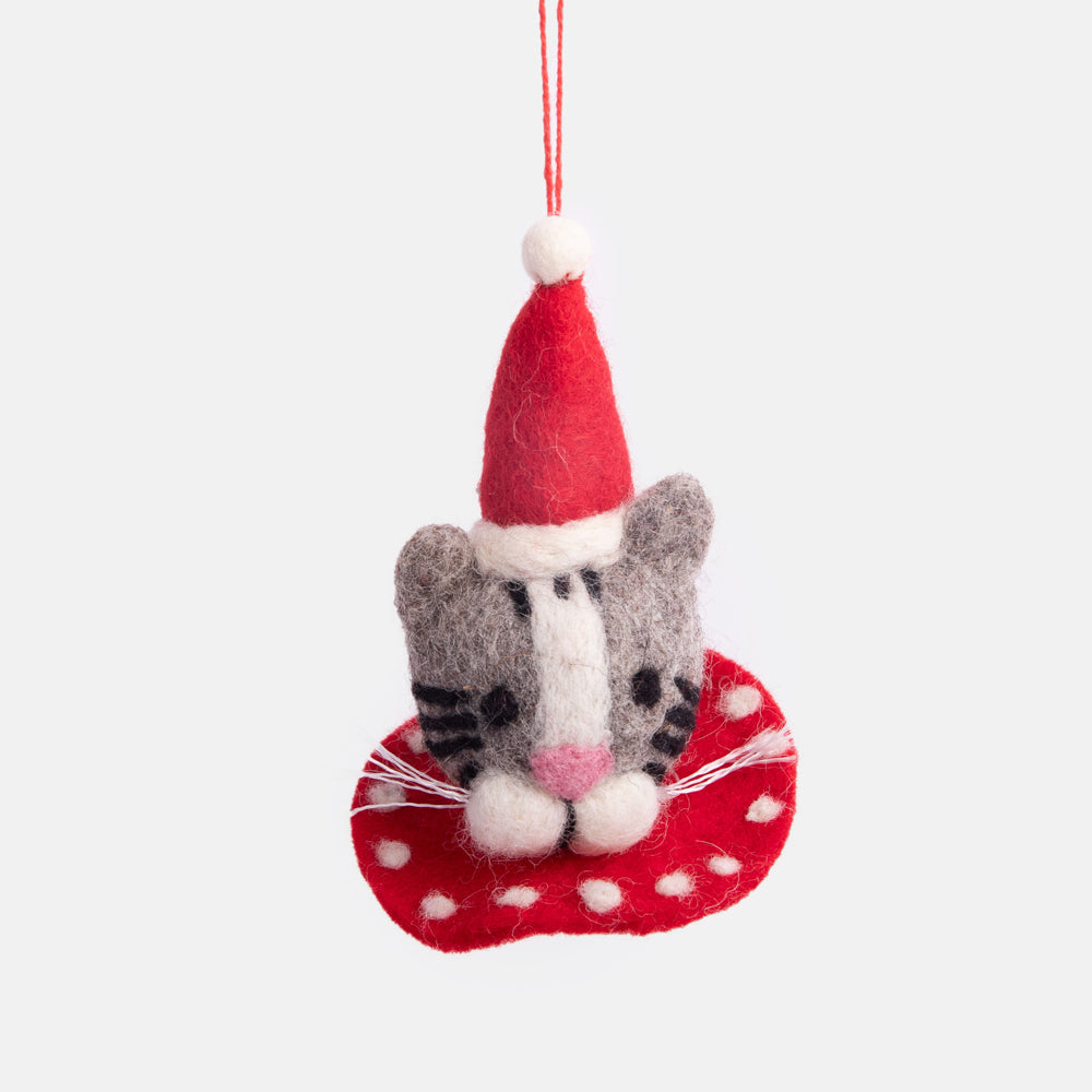 wool felt cat in a red santa hat and red ruff hanging christmas tree decoration